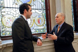 Scott Gelbman ’13 Delta Upsilon and Paul Brodeur ’86 Phi Kappa Psi speak at the Massachusetts State House.