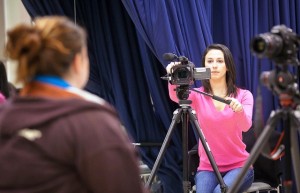 Stephanie Bateman ’13 Delta Gamma films a session where a professional make-up artist demonstrates the effects of aging on students.